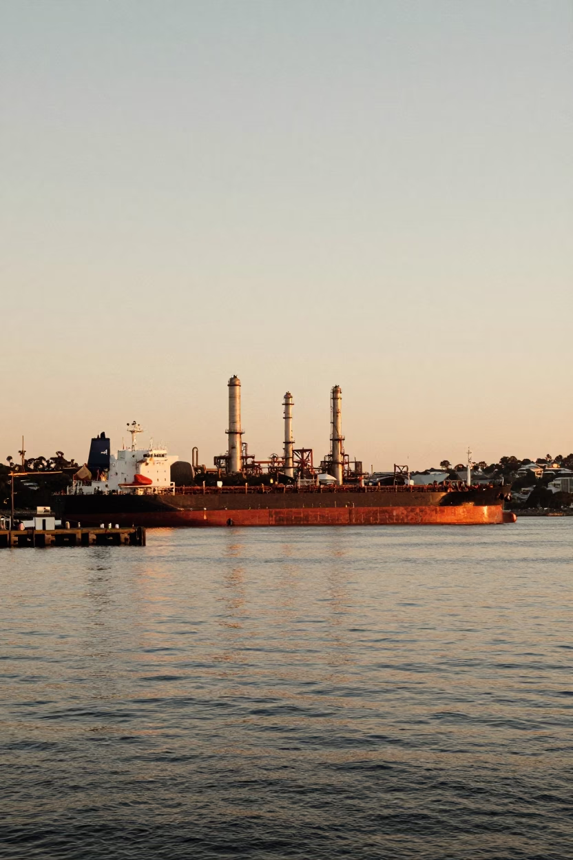Busy Sydney Harbor Evening with Tanker Ship and Refinery Dock in in Sydney, New South Wales, Australia