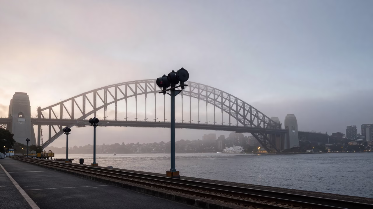 Busy Sydney Harbor Nautical Dawn Signal Gantry Mist and Ferry Traffic in in Sydney, New South Wales, Australia
