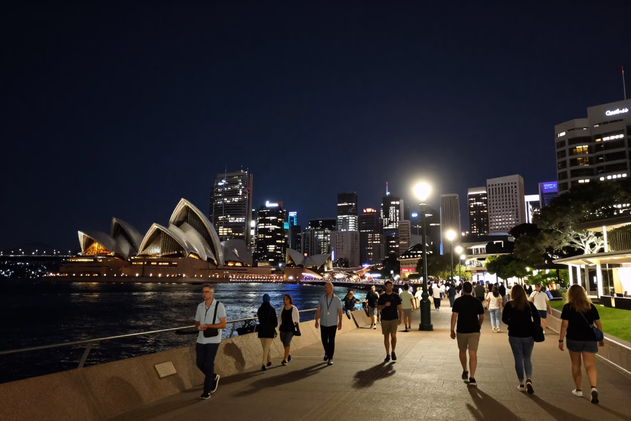 Busy Sydney Harbor Night Scene with High Rise Skyline and Waterfront Activity in in Sydney, New South Wales, Australia