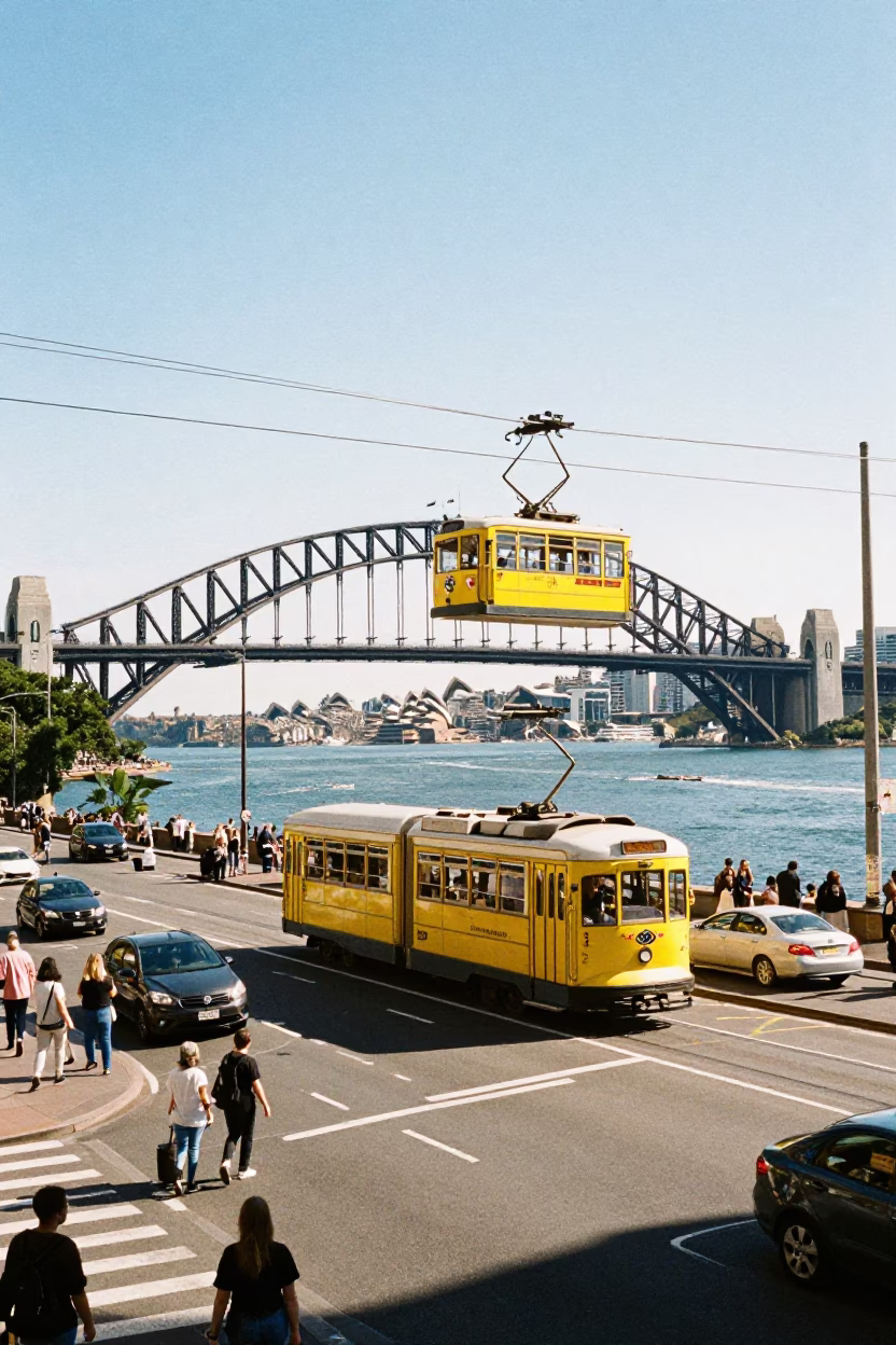 Busy Sydney Harbour Bridge Cable Car Midmorning Light Realistic Street Scene in in Sydney, New South Wales, Australia