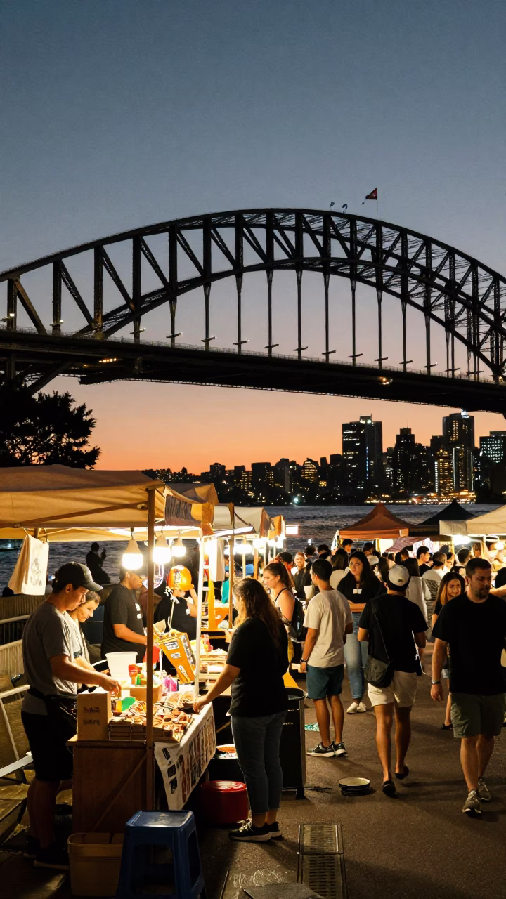 Busy Sydney Harbour Bridge Night Market with Food Traders and Twilight Sky in in Sydney, New South Wales, Australia