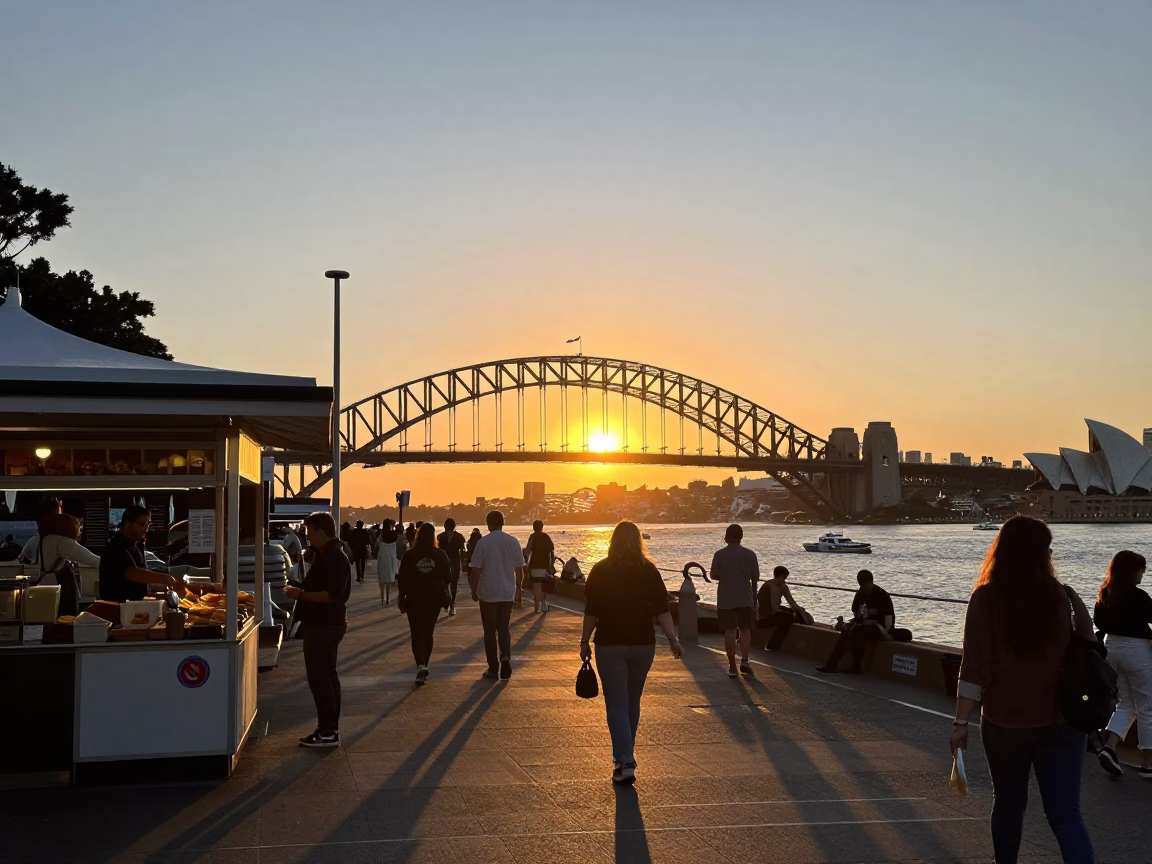 Busy Sydney Harbour Evening Street Scene with Local Food and Traffic in in Sydney, New South Wales, Australia