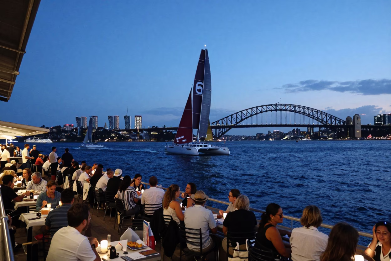 Busy Sydney Harbour Evening with Racing Catamaran and Ladder-Back Chair in in Sydney, New South Wales, Australia