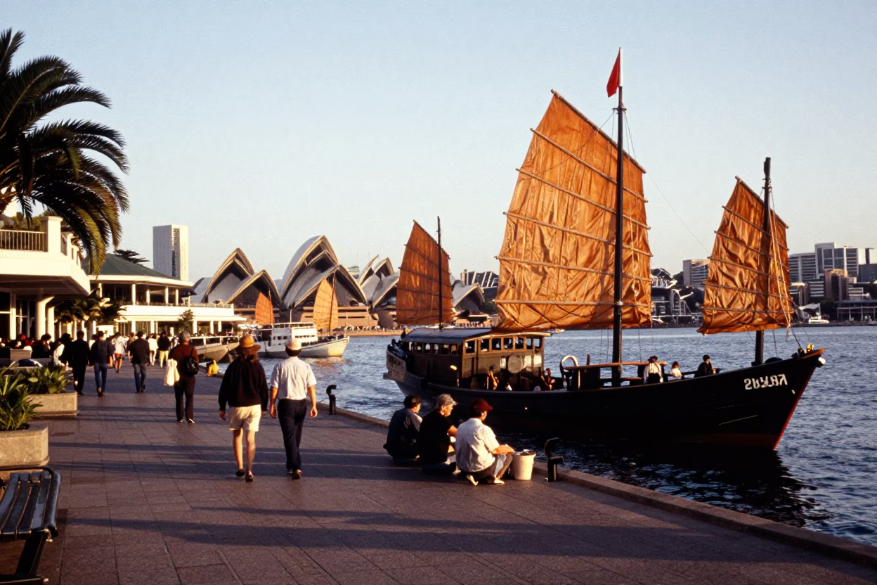 Busy Sydney Harbour Late Morning Street Scene with Chinese Junk Sailboat in in Sydney, New South Wales, Australia