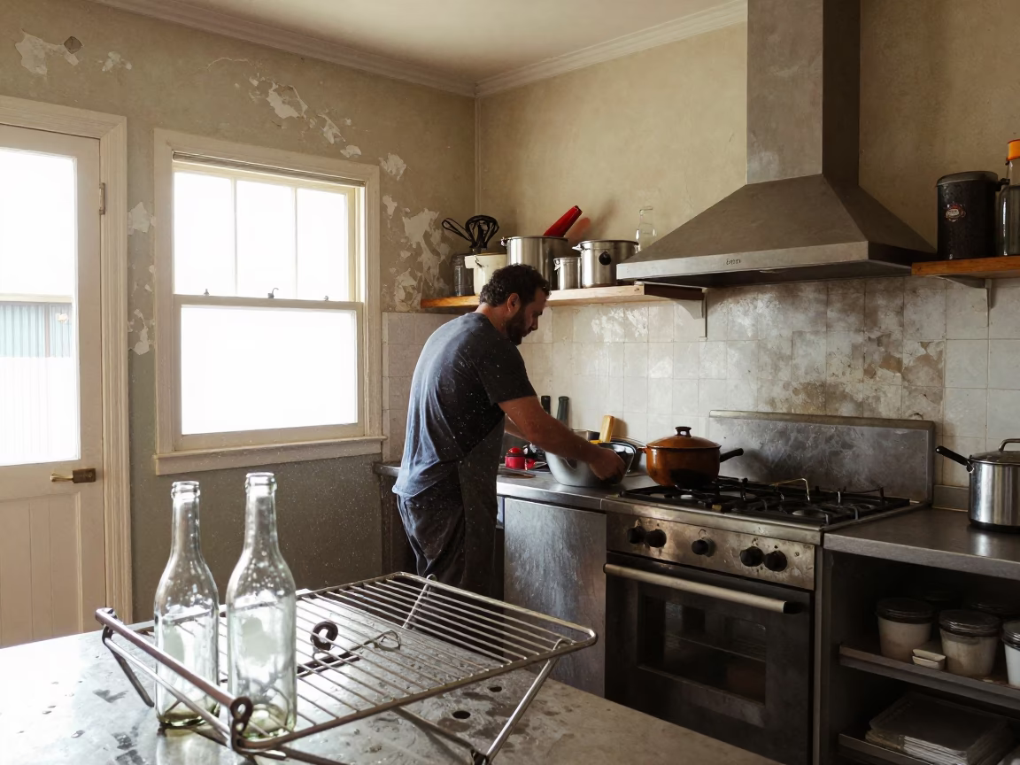 Busy Sydney Kitchen Interior with Water Marks and Drying Rack at Midday in in Sydney, New South Wales, Australia
