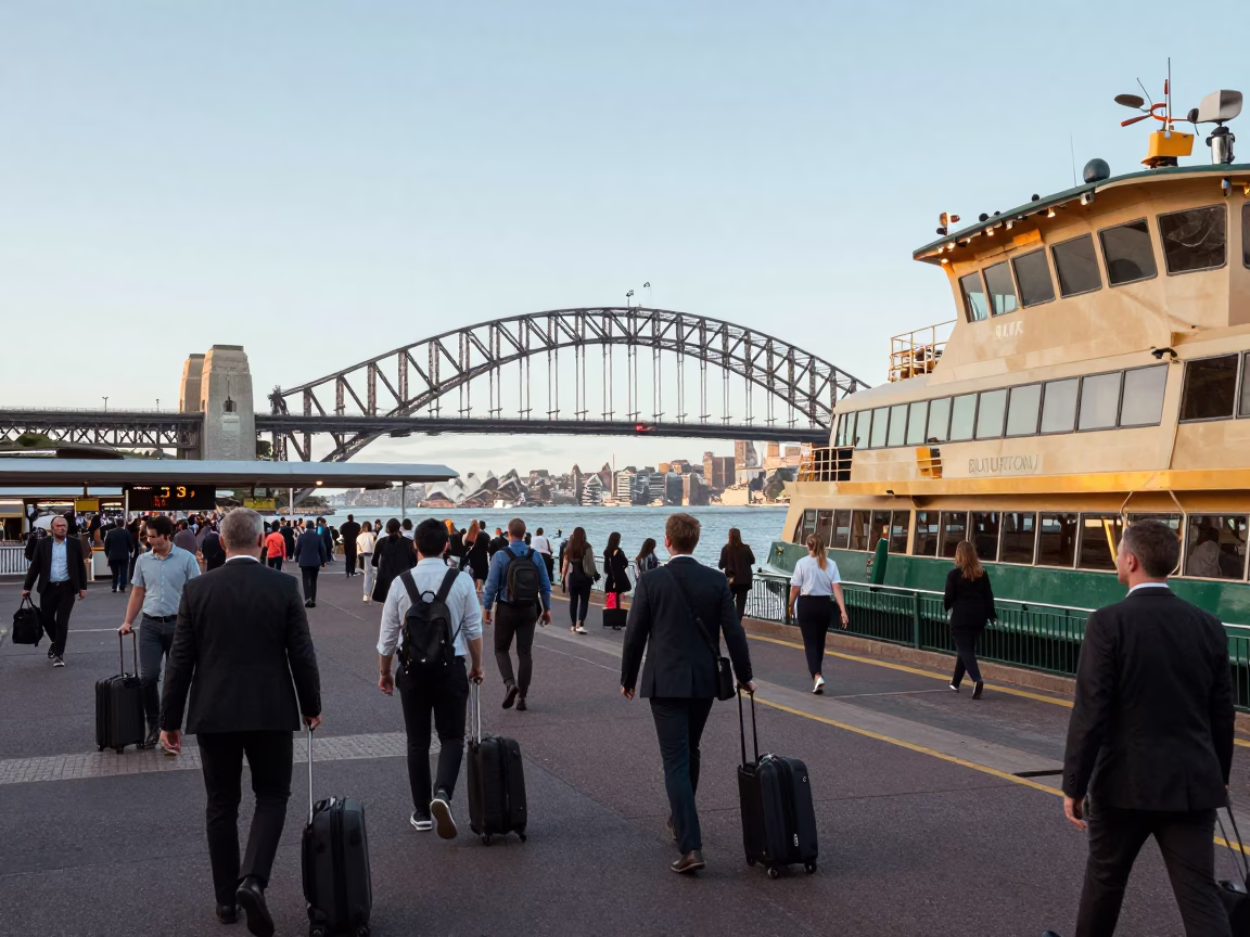 Busy Sydney Morning Ferry Terminal Commuters with Luggage and City Skyline View in in Sydney, New South Wales, Australia