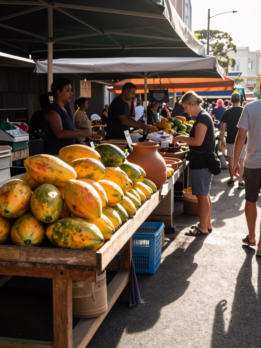 Busy Sydney Morning Market Stall with Papayas and Clay Pot Near Harbor in in Sydney, New South Wales, Australia