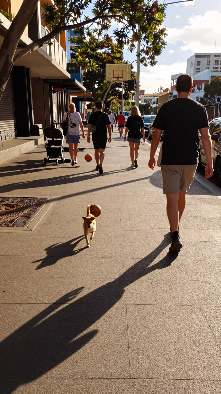 Busy Sydney Sidewalk Scene With Small Dog And Basketball Details in in Sydney, New South Wales, Australia