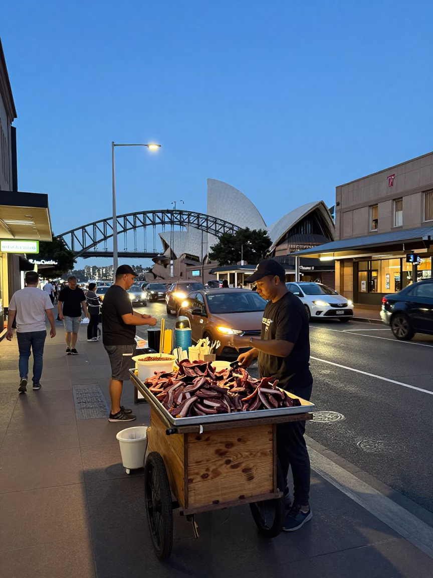 Busy Sydney Street at Blue Hour with Tray of Biltong and Dried Meat Snack in in Sydney, New South Wales, Australia