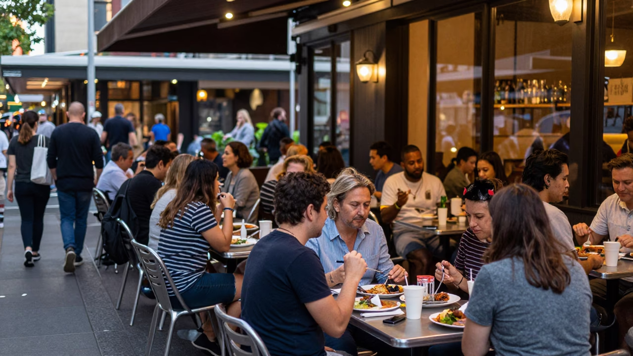 Busy Sydney Street Cafe Evening Diners Enjoying Food and Neon Lights in in Sydney, New South Wales, Australia