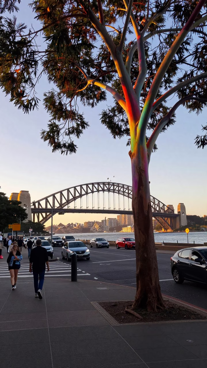 Busy Sydney Street Corner After Sunrise with Rainbow Eucalyptus and Local Pedestrians in in Sydney, New South Wales, Australia