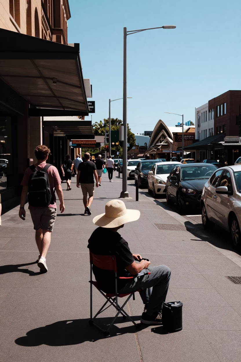 Busy Sydney Street Corner Afternoon with Sun Hat and Folding Chair in in Sydney, New South Wales, Australia