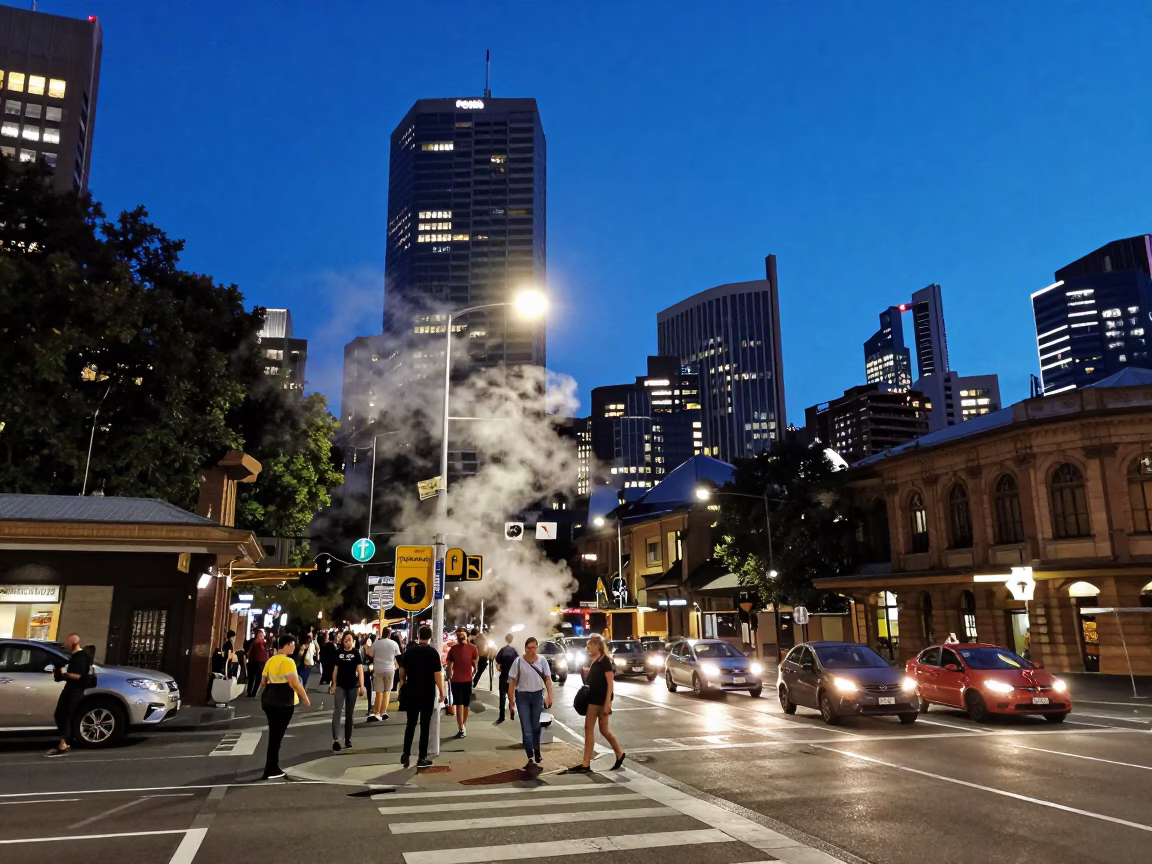 Busy Sydney Street Corner at Blue Hour with Steam and Urban Activity in in Sydney, New South Wales, Australia