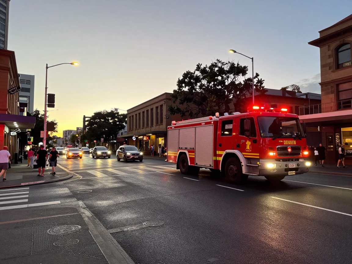 Busy Sydney Street Corner at Dawn with Fire Engine and Substation Details in in Sydney, New South Wales, Australia