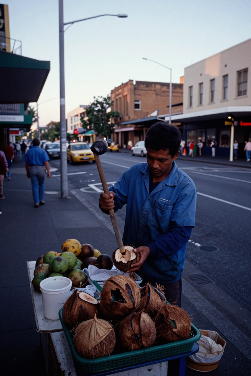 Busy Sydney Street Corner at Dawn with Mallet and Apricots in in Sydney, New South Wales, Australia