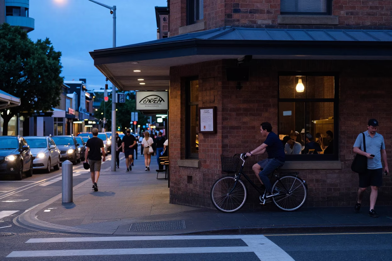 Busy Sydney Street Corner at Dusk with Bicycle and Cafe in in Sydney, New South Wales, Australia
