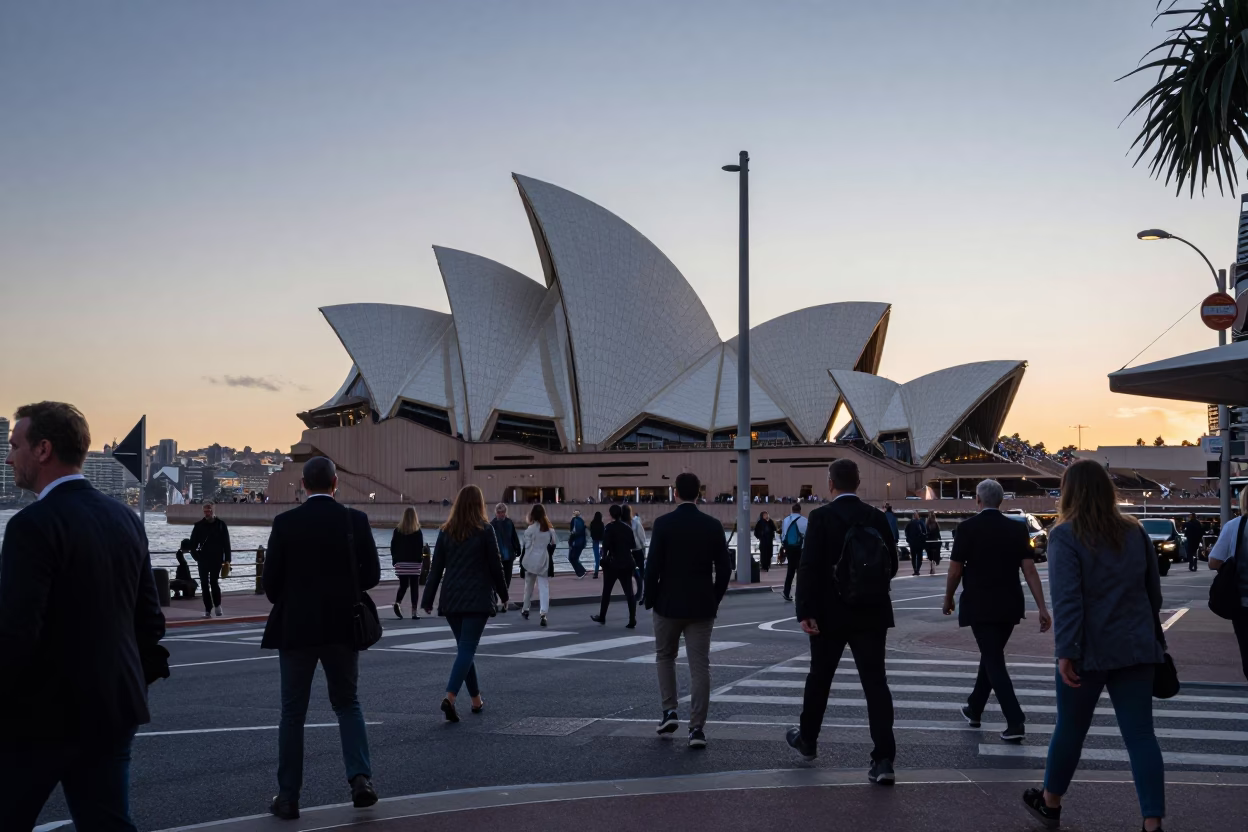Busy Sydney Street Corner at Nautical Dawn with Commuters and Urban Infrastructure in in Sydney, New South Wales, Australia