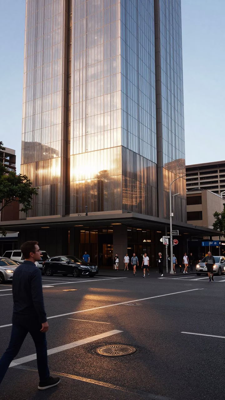 Busy Sydney Street Corner at Sunrise with Reflections and Urban Activity in in Sydney, New South Wales, Australia