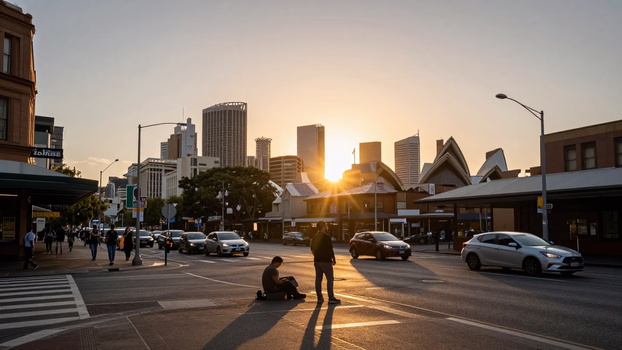 Busy Sydney Street Corner at Sunset with Shopkeeper and Vintage Details in in Sydney, New South Wales, Australia