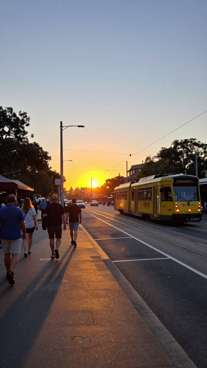 Busy Sydney Street Corner at Sunset with Tram and Pedestrians in in Sydney, New South Wales, Australia