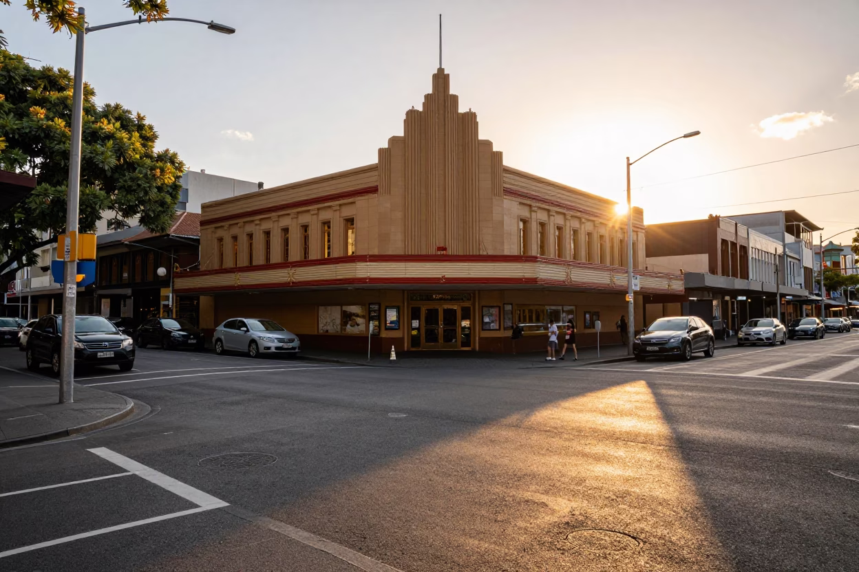 Busy Sydney Street Corner at Sunset with Vintage Cinema and Urban Details in in Sydney, New South Wales, Australia