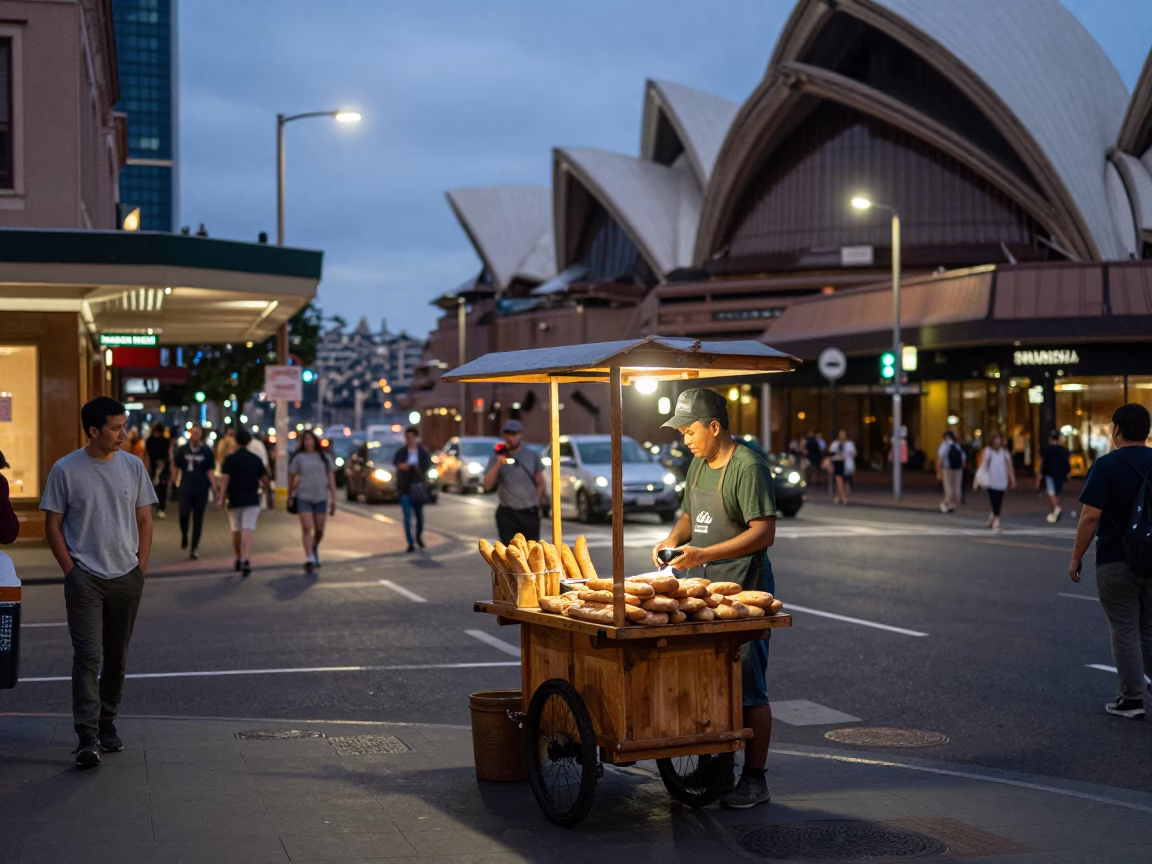 Busy Sydney Street Corner at Twilight with Baguettes and Trivet in in Sydney, New South Wales, Australia