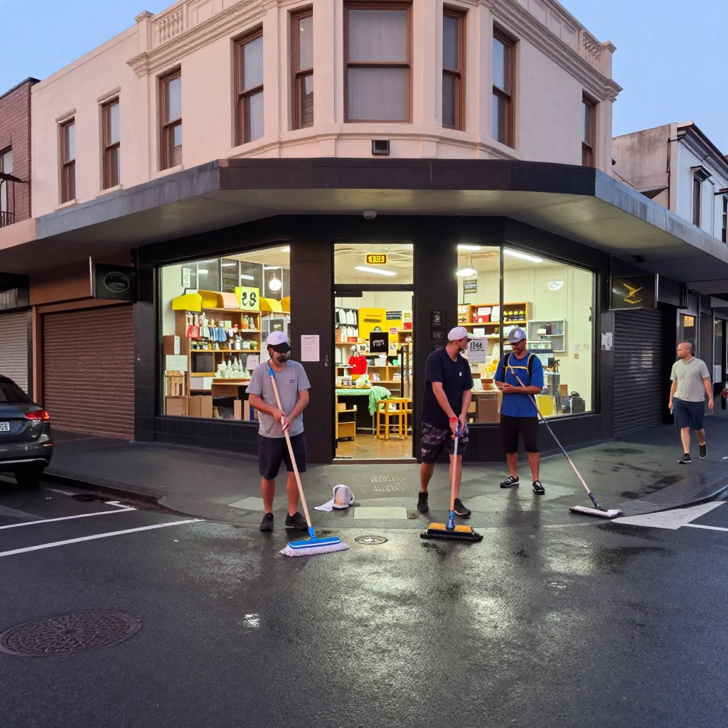 Busy Sydney Street Corner Early Evening with Mops and Drainage Details in in Sydney, New South Wales, Australia