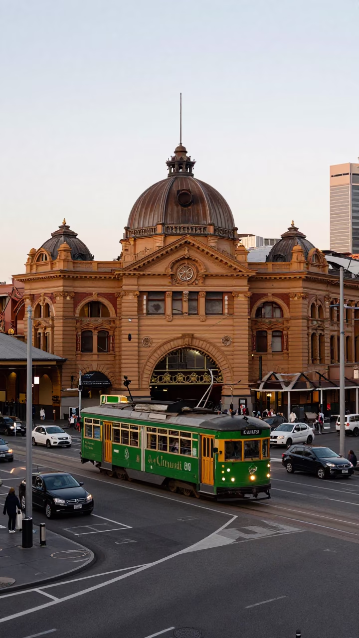 Busy Sydney Street Corner Early Evening with Tram and Local Street Food Vendor in in Sydney, New South Wales, Australia