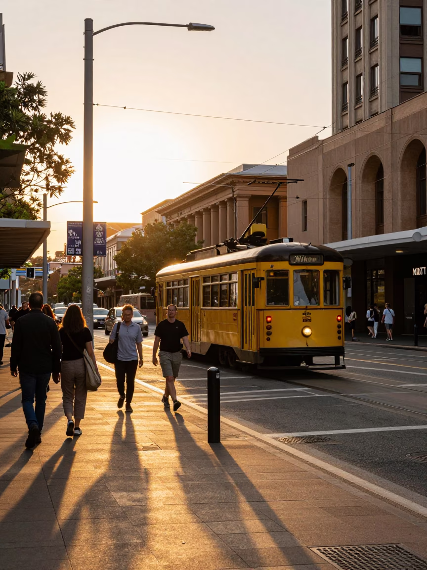 Busy Sydney Street Corner in Honeyed Evening Light with Tram Reflections and Local Activity in in Sydney, New South Wales, Australia