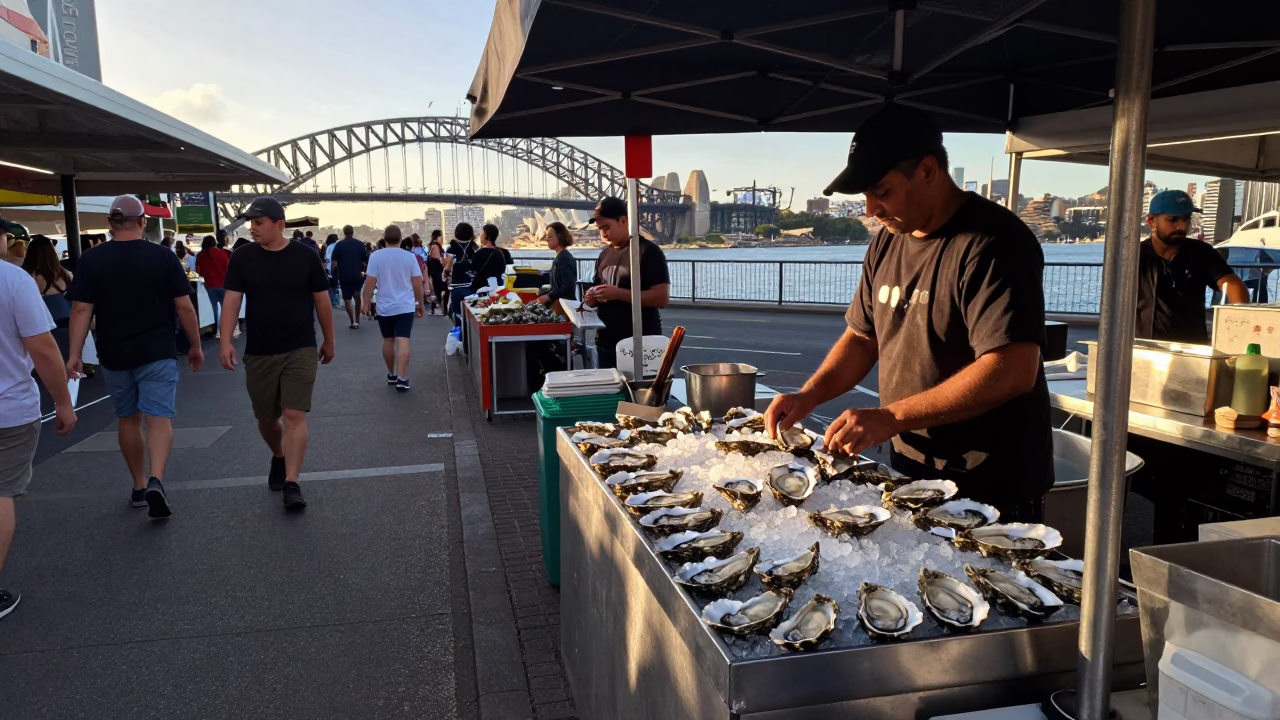 Busy Sydney Street Corner Late Afternoon with Oysters and Urban Life in in Sydney, New South Wales, Australia