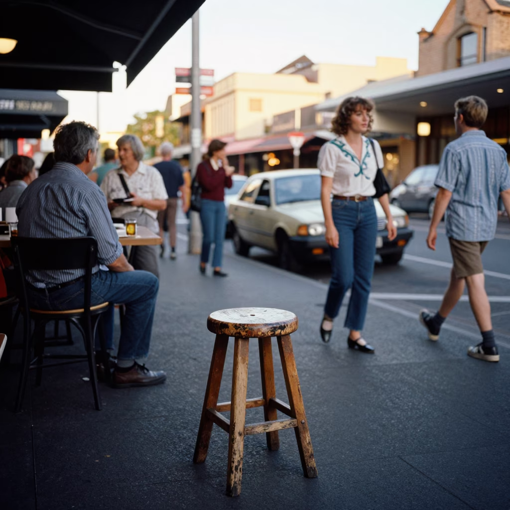 Busy Sydney Street Corner Late Afternoon with Stool and Vintage 1980s Aesthetic in in Sydney, New South Wales, Australia
