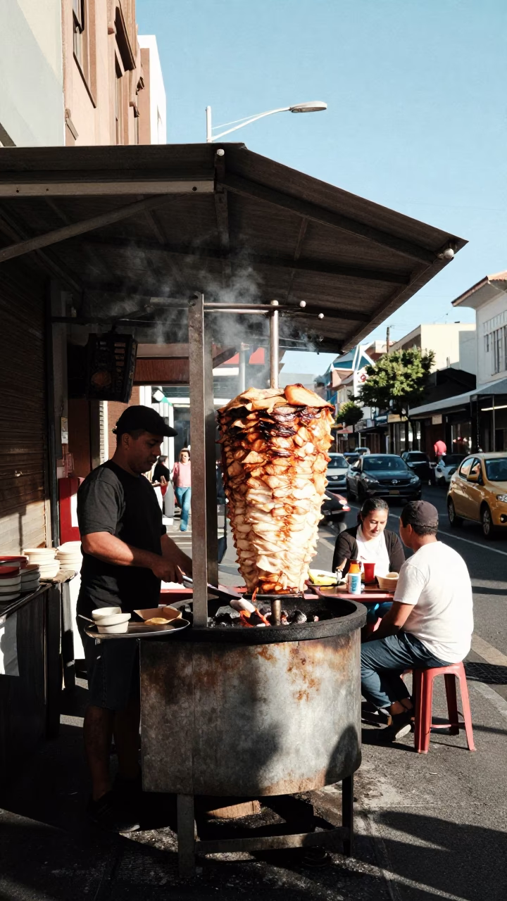 Busy Sydney Street Corner Midmorning Light with Kebab Grill and Local Pedestrians in in Sydney, New South Wales, Australia