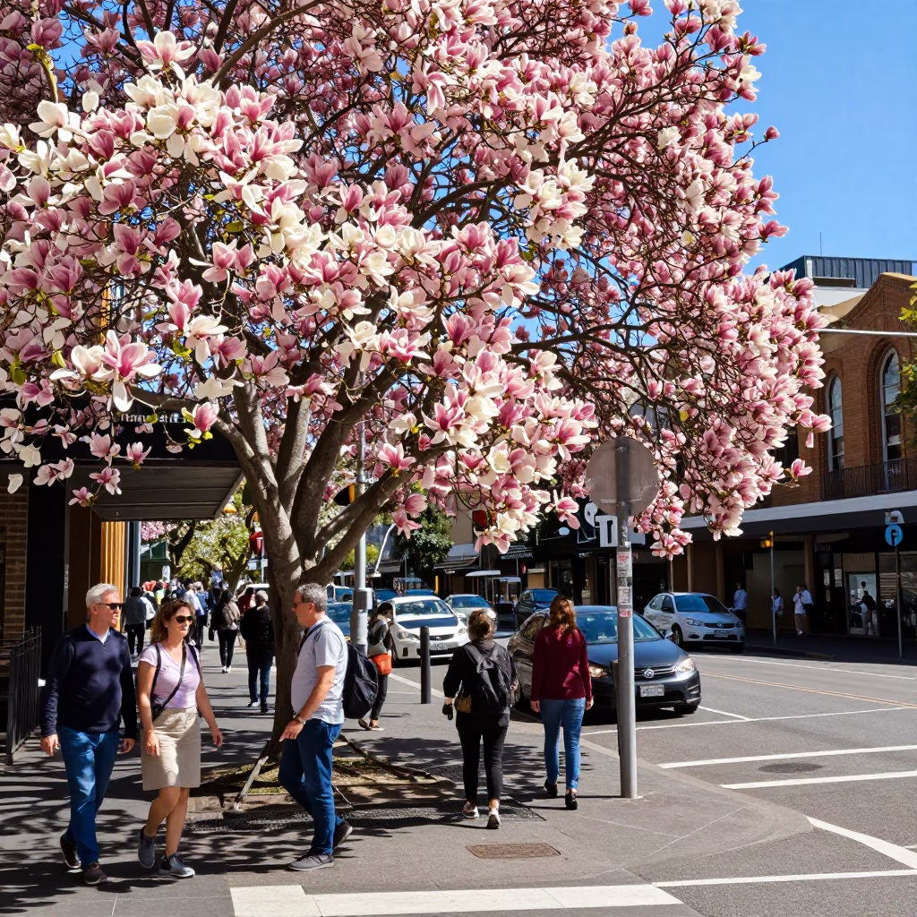 Busy Sydney Street Corner Midmorning with Magnolia Tree Bloom and Pedestrian Traffic in in Sydney, New South Wales, Australia