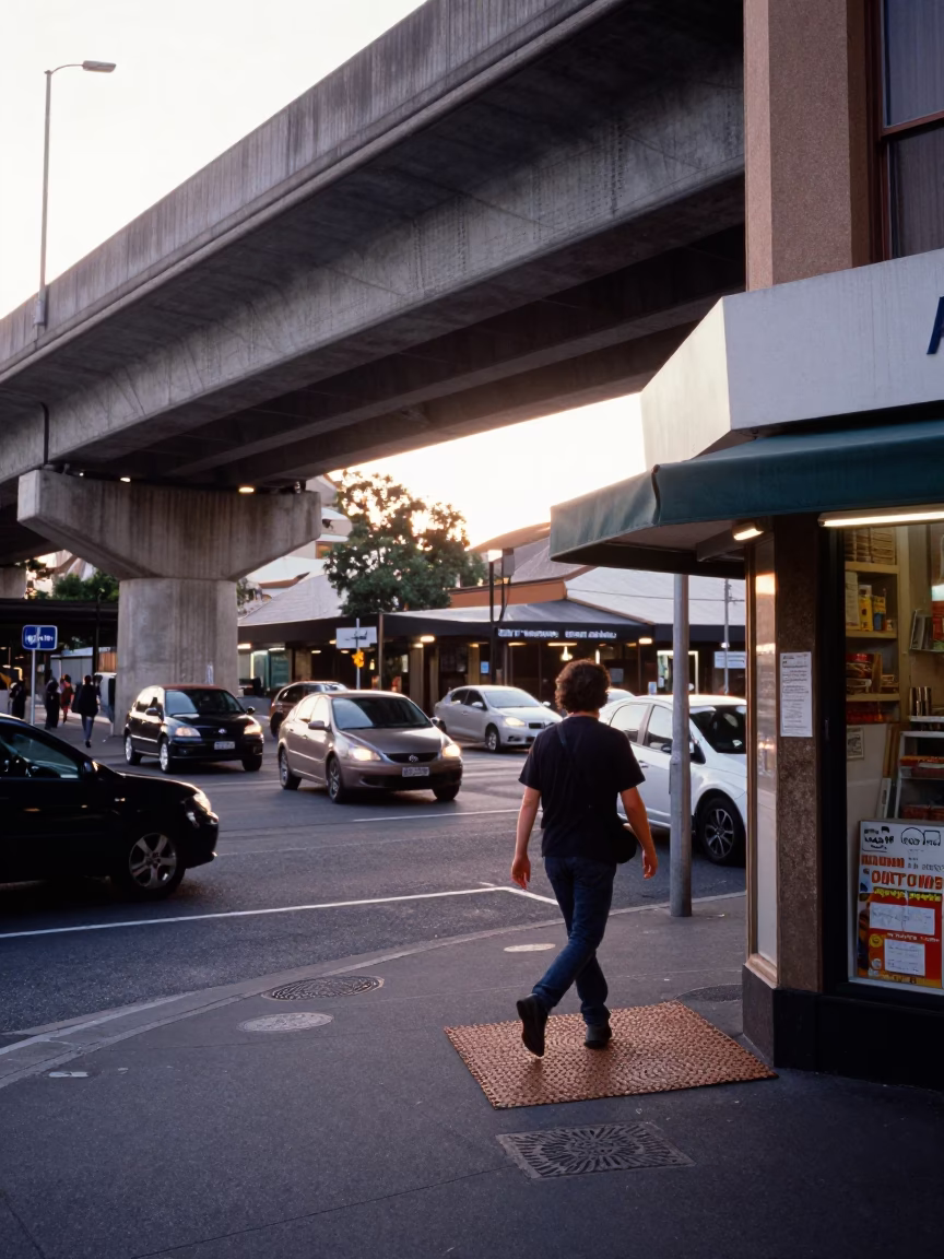 Busy Sydney Street Corner Morning Commute with Concrete Flyover and Urban Details in in Sydney, New South Wales, Australia