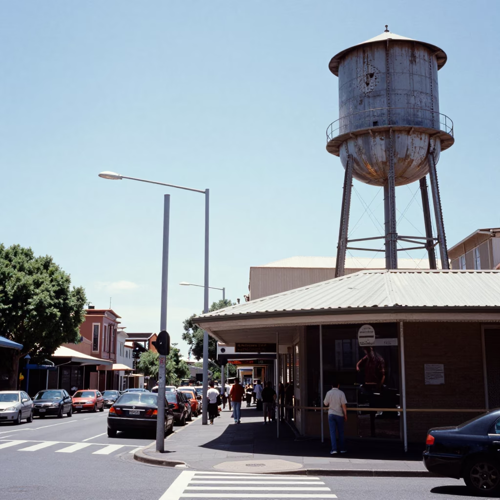 Busy Sydney Street Corner Under Flat Noon Light with Water Tower and Urban Details in in Sydney, New South Wales, Australia
