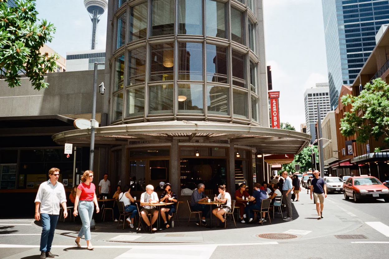 Busy Sydney Street Corner with Cafe Patrons and Urban Architecture in Bright Midmorning Light in in Sydney, New South Wales, Australia