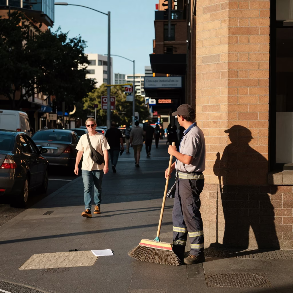 Busy Sydney Street Corner with Notebook and Broom in Late Afternoon Light in in Sydney, New South Wales, Australia