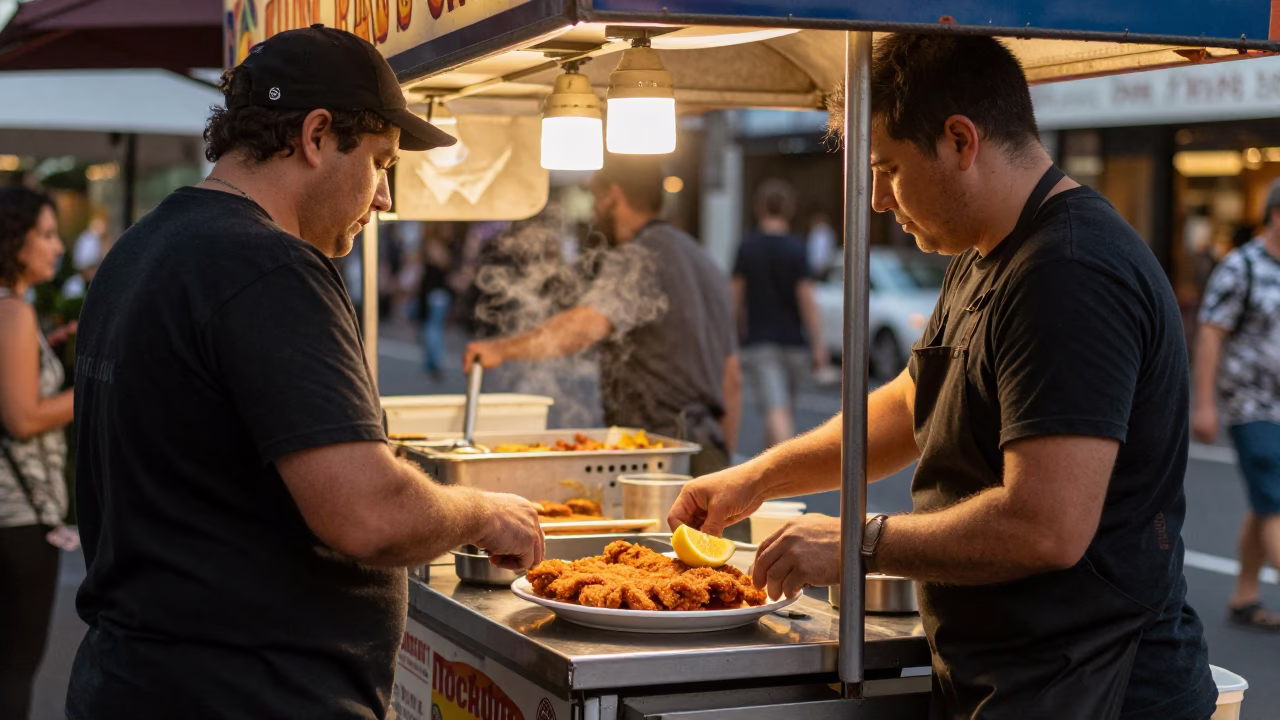 Busy Sydney Street Food Stall in Honeyed Evening Light with Pears and Schnitzel in in Sydney, New South Wales, Australia