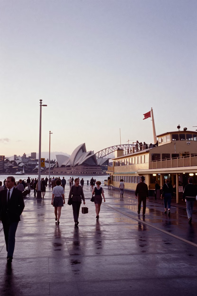 Busy Sydney Street Scene at Dawn with Vintage 1960s Cars and Morning Commuters in in Sydney, New South Wales, Australia