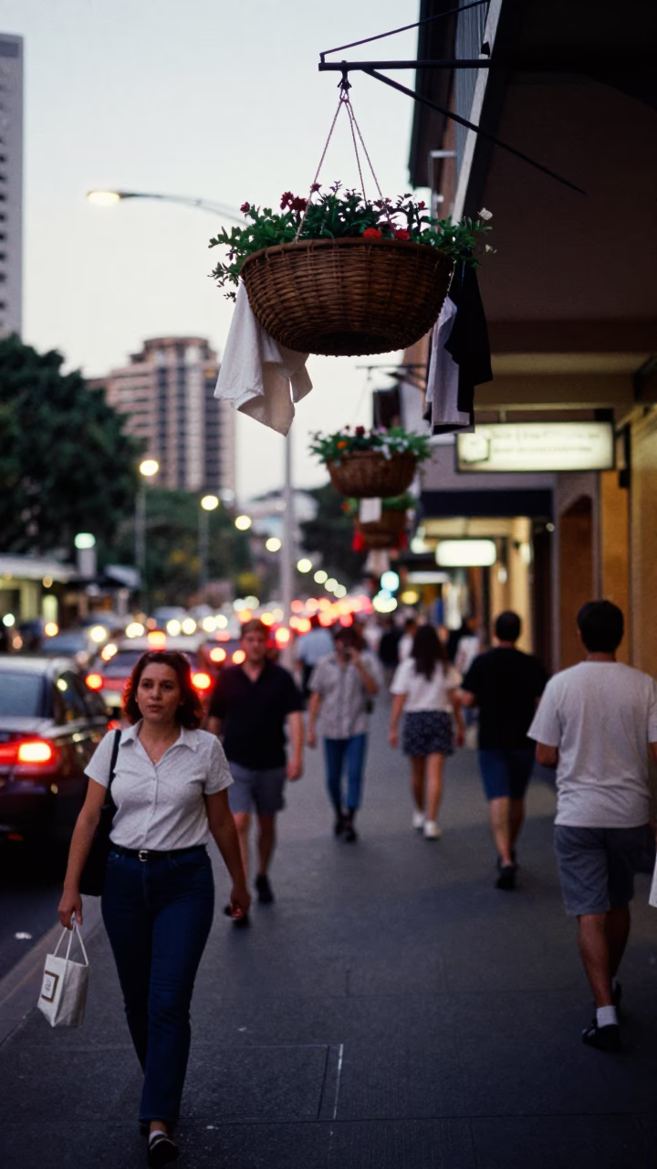 Busy Sydney Street Scene at Dusk with Hanging Basket Trays and Local Pedestrians in in Sydney, New South Wales, Australia