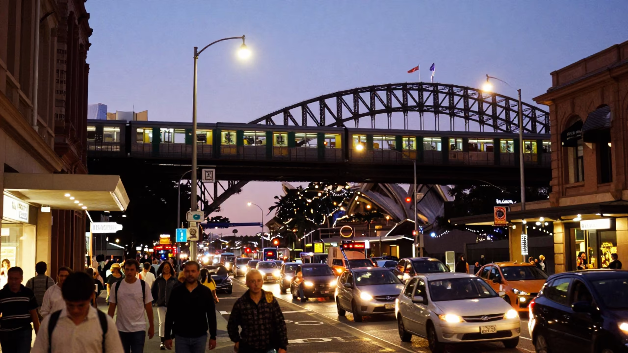 Busy Sydney Street Scene at Dusk with Train Trestle and Urban Activity in in Sydney, New South Wales, Australia