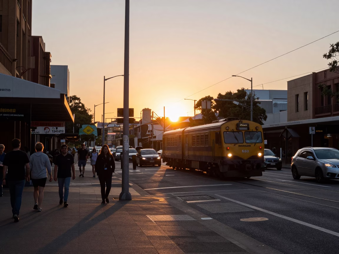 Busy Sydney Street Scene at Sunset with Freight Train and Metal Bucket in in Sydney, New South Wales, Australia