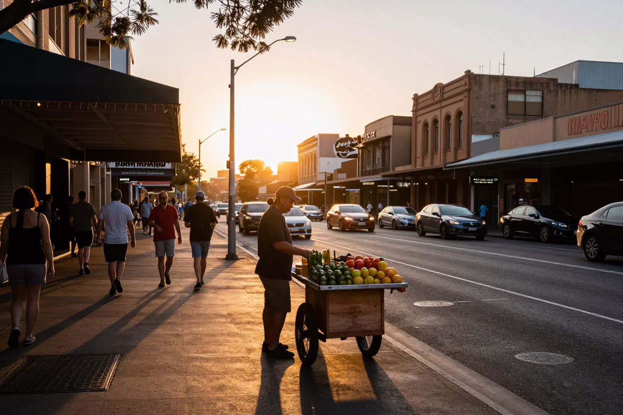 Busy Sydney Street Scene at Sunset with Fruit Vendor and Wicker Shadows in in Sydney, New South Wales, Australia