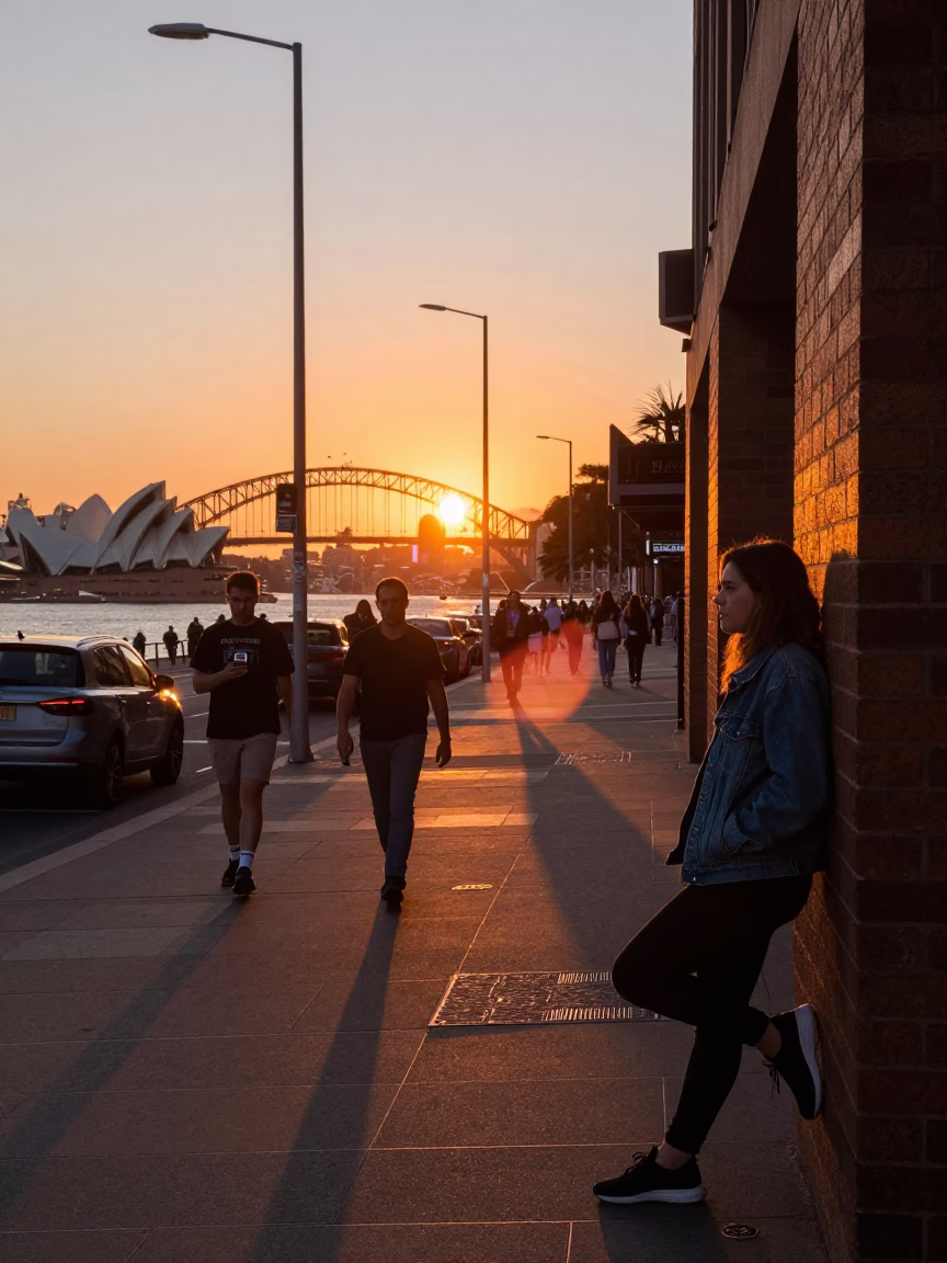 Busy Sydney Street Scene at Sunset with Urban Life and Architecture in in Sydney, New South Wales, Australia