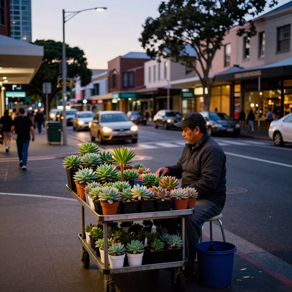 Busy Sydney Street Scene Before Dawn with Potted Succulents and Urban Activity in in Sydney, New South Wales, Australia