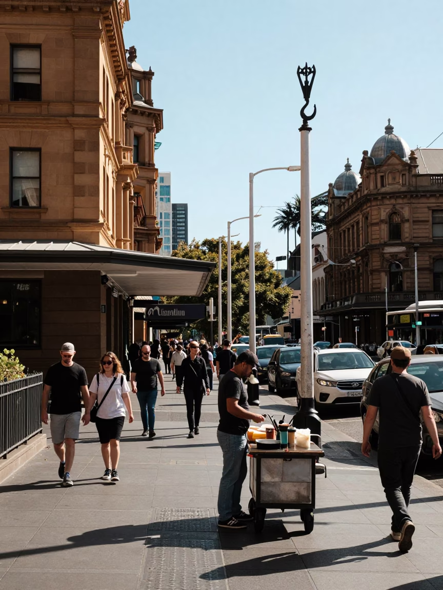 Busy Sydney Street Scene Early Afternoon with Iron Hook and Cooking Pot Details in in Sydney, New South Wales, Australia