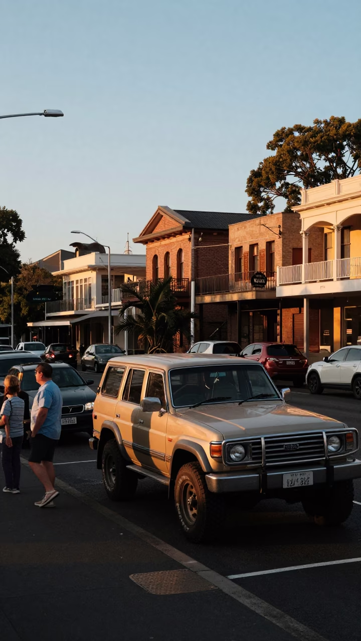 Busy Sydney Street Scene Early Evening with Vintage SUV and Urban Infrastructure Details in in Sydney, New South Wales, Australia