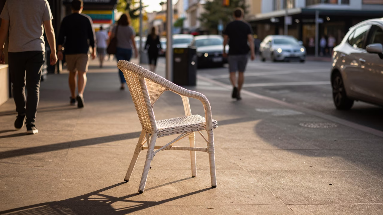 Busy Sydney Street Scene in Honeyed Evening Light with Wicker Chair and Tea Stains in in Sydney, New South Wales, Australia