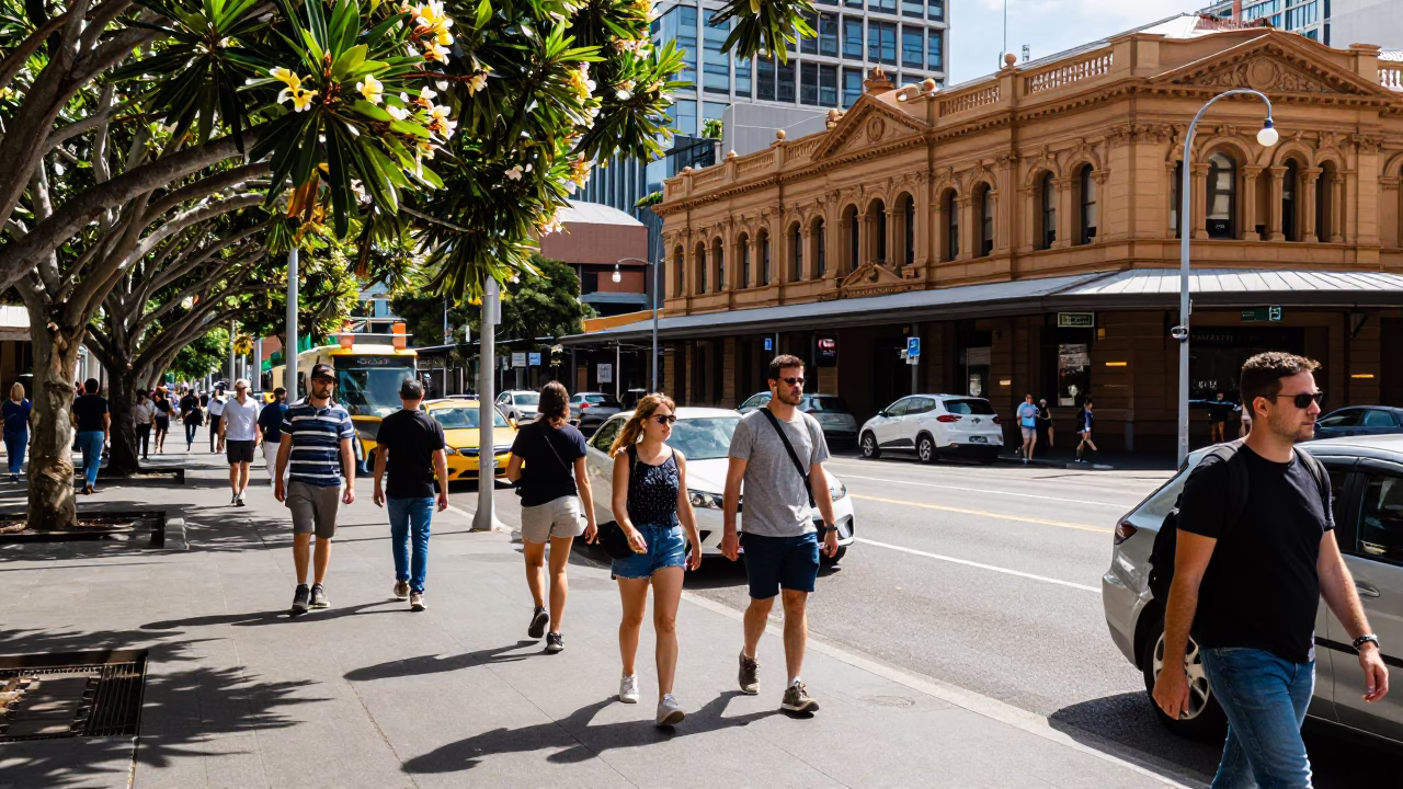 Busy Sydney Street Scene in Midmorning Light with Frangipani and Heritage Details in in Sydney, New South Wales, Australia