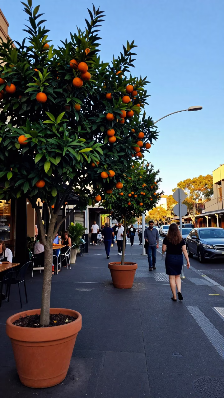 Busy Sydney Street Scene with Orange Trees and Pedestrians in Late Afternoon Light in in Sydney, New South Wales, Australia